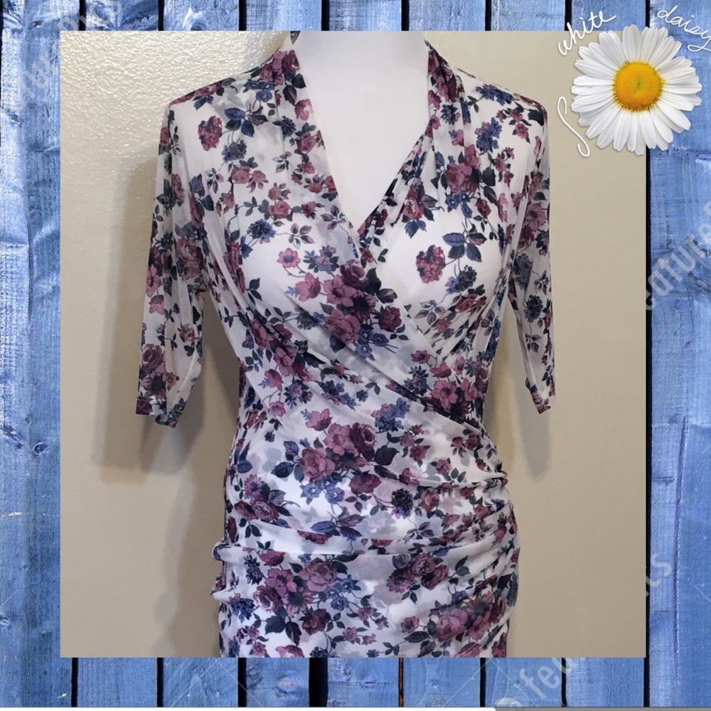 Karen Kane Floral Print Mesh Wrap Top.